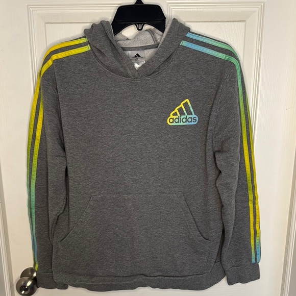 Boys Adidas Gray Hoodie Sweatshirt with Colored Stripes - Picture 1 of 5